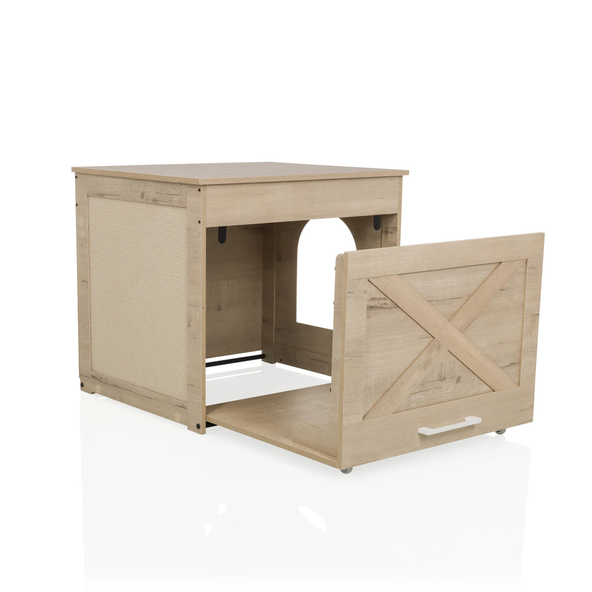 Katzenhaus KITTY PAWBOX 1 in Eiche-Optik mit geöffneter Frontklappe und integrierter Liegefläche von hjh LIVING