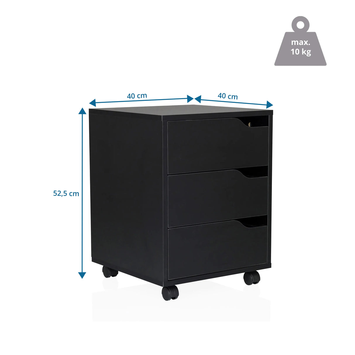 Maßzeichnung des Rollcontainers ORGANISER I mit 40 × 40 × 52,5 cm und maximal 10 kg Belastung von hjh OFFICE
