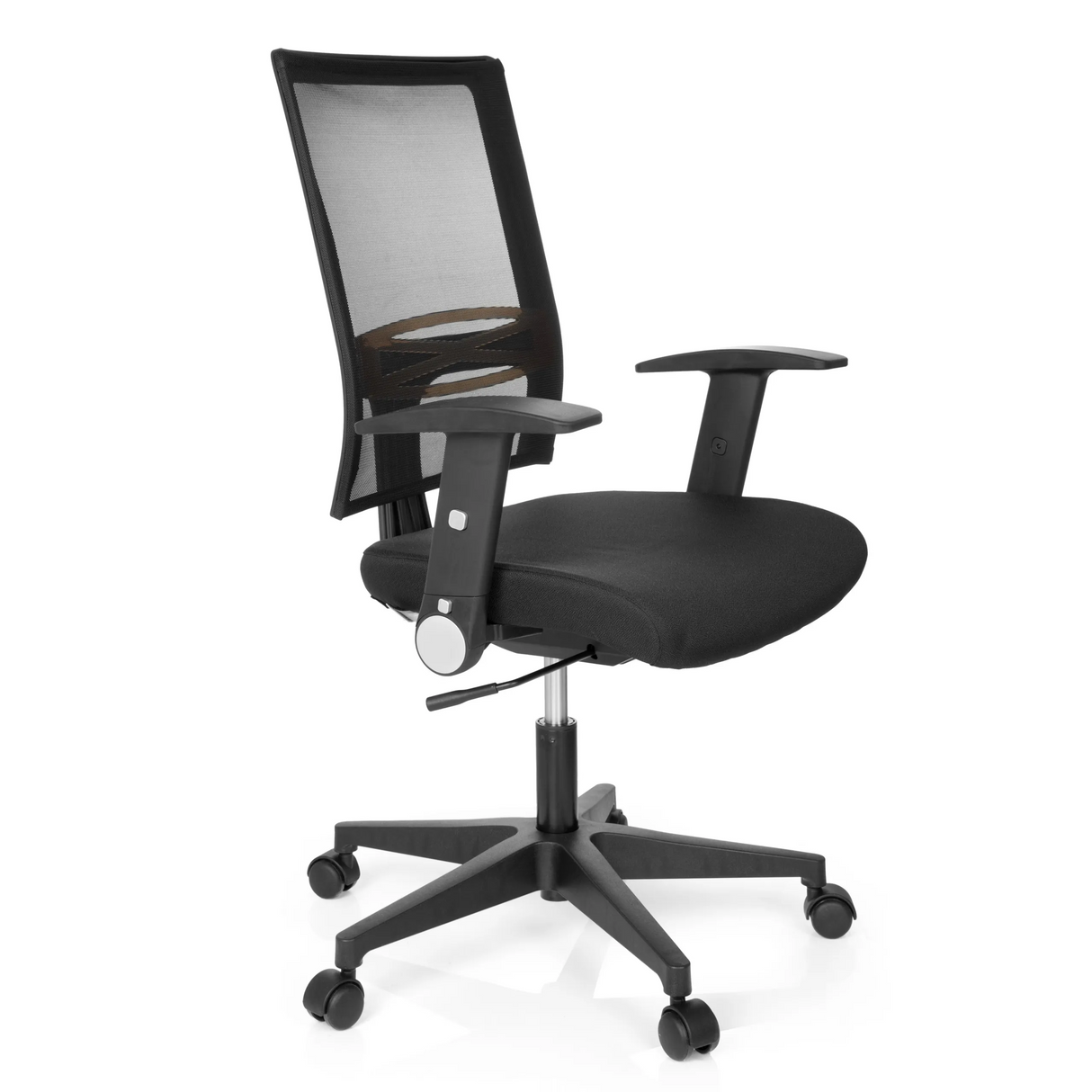 Schwarzer Homeoffice-Bürostuhl OFFICE R8 mit Netzrücken und Fußkreuz mit fünf Rollen von hjh OFFICE – 360-Grad-Ansicht (schräge Frontansicht 60°)