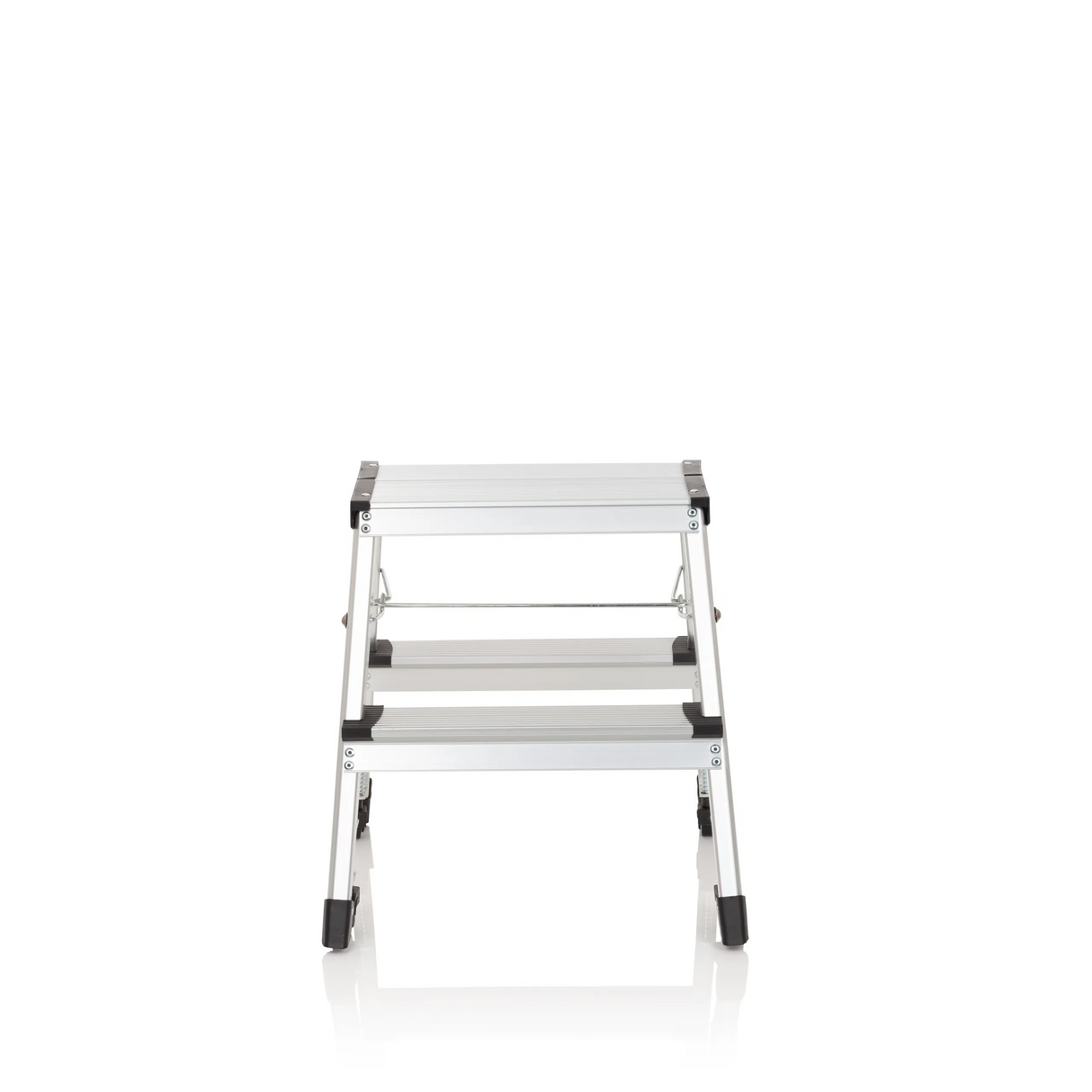 Silberne Klappleiter SOLID VI aus Aluminium mit zwei Stufen von hjh OFFICE – 360-Grad-Ansicht (Frontansicht 0°)