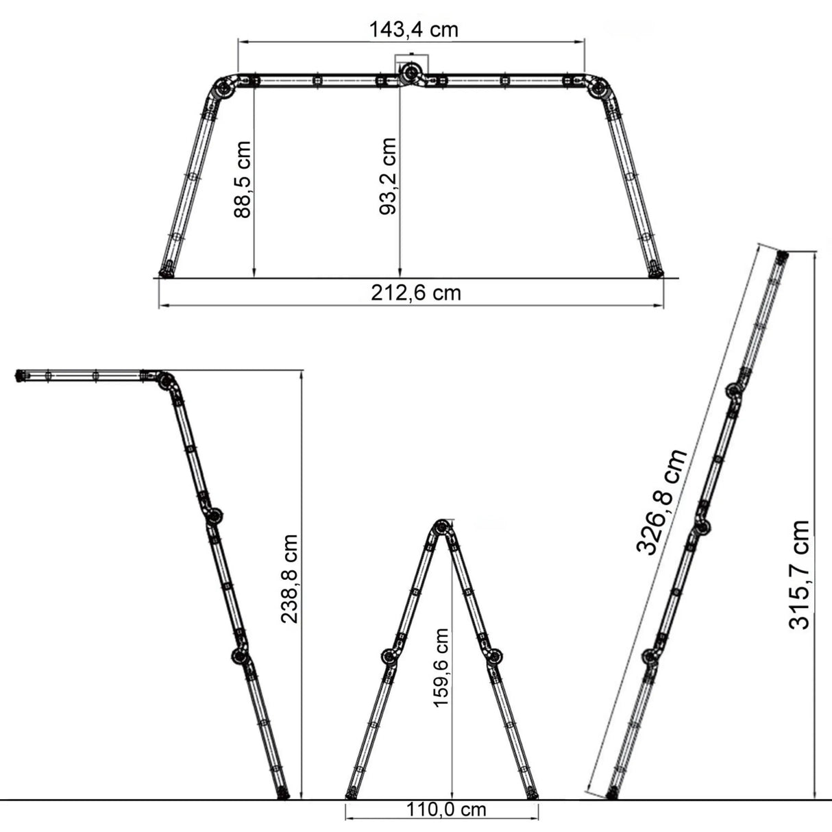 Technische Zeichnung der Klappleiter SOLID W3 mit einer Breite von 212,6 cm von hjh OFFICE