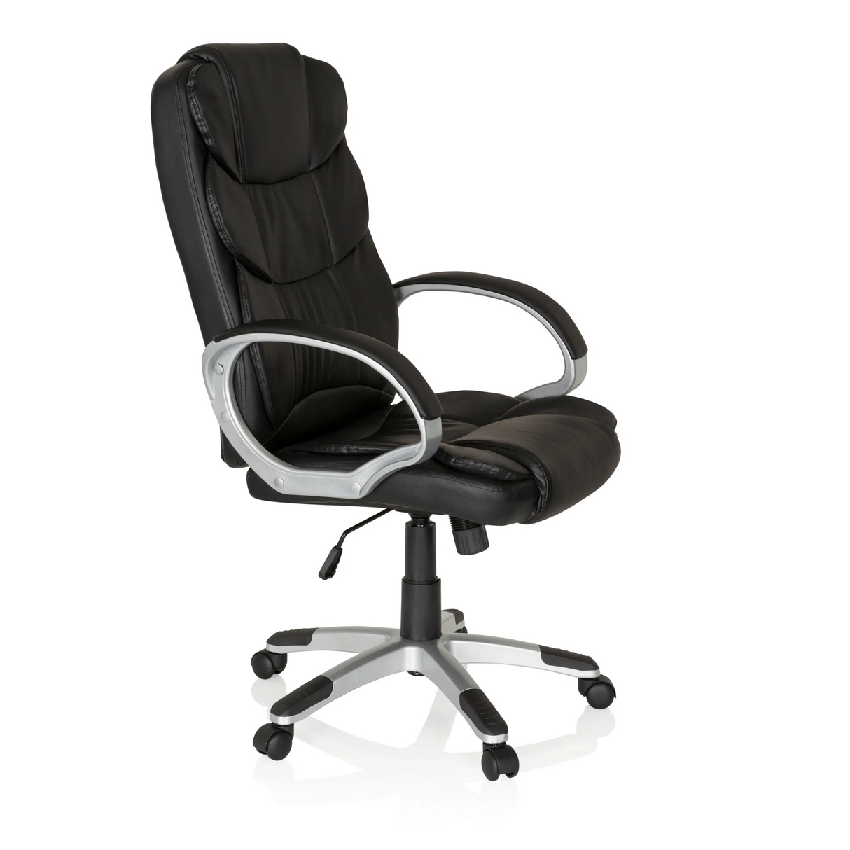 Schwarzer Homeoffice Chefsessel RELAX BY155 mit Armlehnen und Fußkreuz mit fünf Rollen von MyBuero – 360-Grad-Ansicht (schräge Frontansicht 60°)