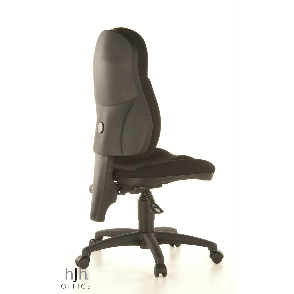 Schwarzer Homeoffice-Bürostuhl WELLPOINT 10 mit Fußkreuz und fünf Rollen von Topstar – 360-Grad-Ansicht (schräge Rückenansicht 120°)