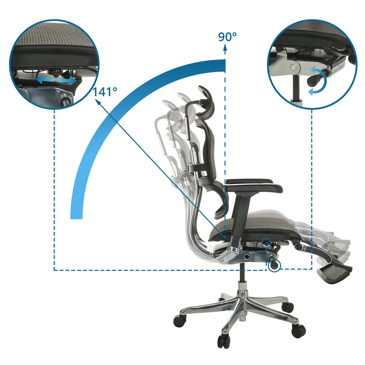 Verstellbare Rückenlehne des Luxus Chefsessels ERGOHUMAN PLUS LEGPRO GEN2 mit Neigungswinkel von 90° bis 141° von hjh OFFICE