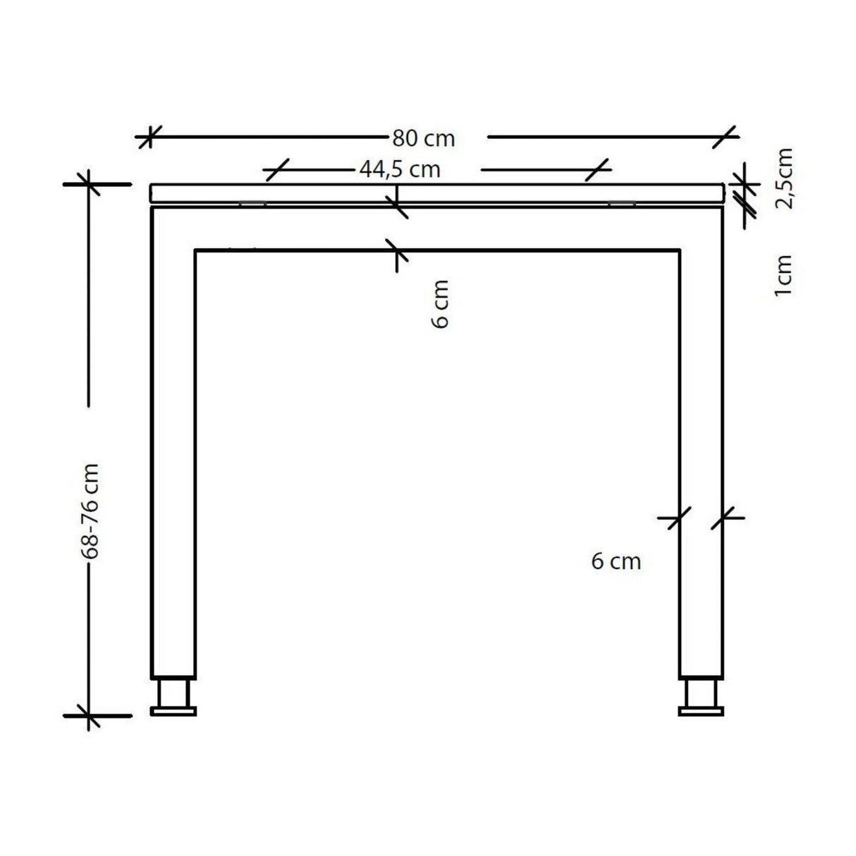 Maßzeichnung des Schreibtischs JAVA 8 S mit einer Breite von 80 cm und Höhe von 68-76 cm von hjh OFFICE PRO