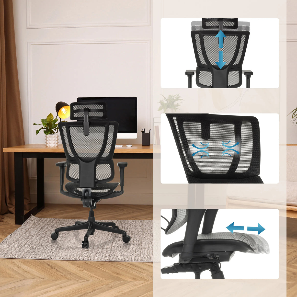 Höhenverstellbare Kopfstütze und Sitztiefe des Luxus-Chefsessel ERGOHUMAN SLIM ECO M GEN2 von hjh OFFICE