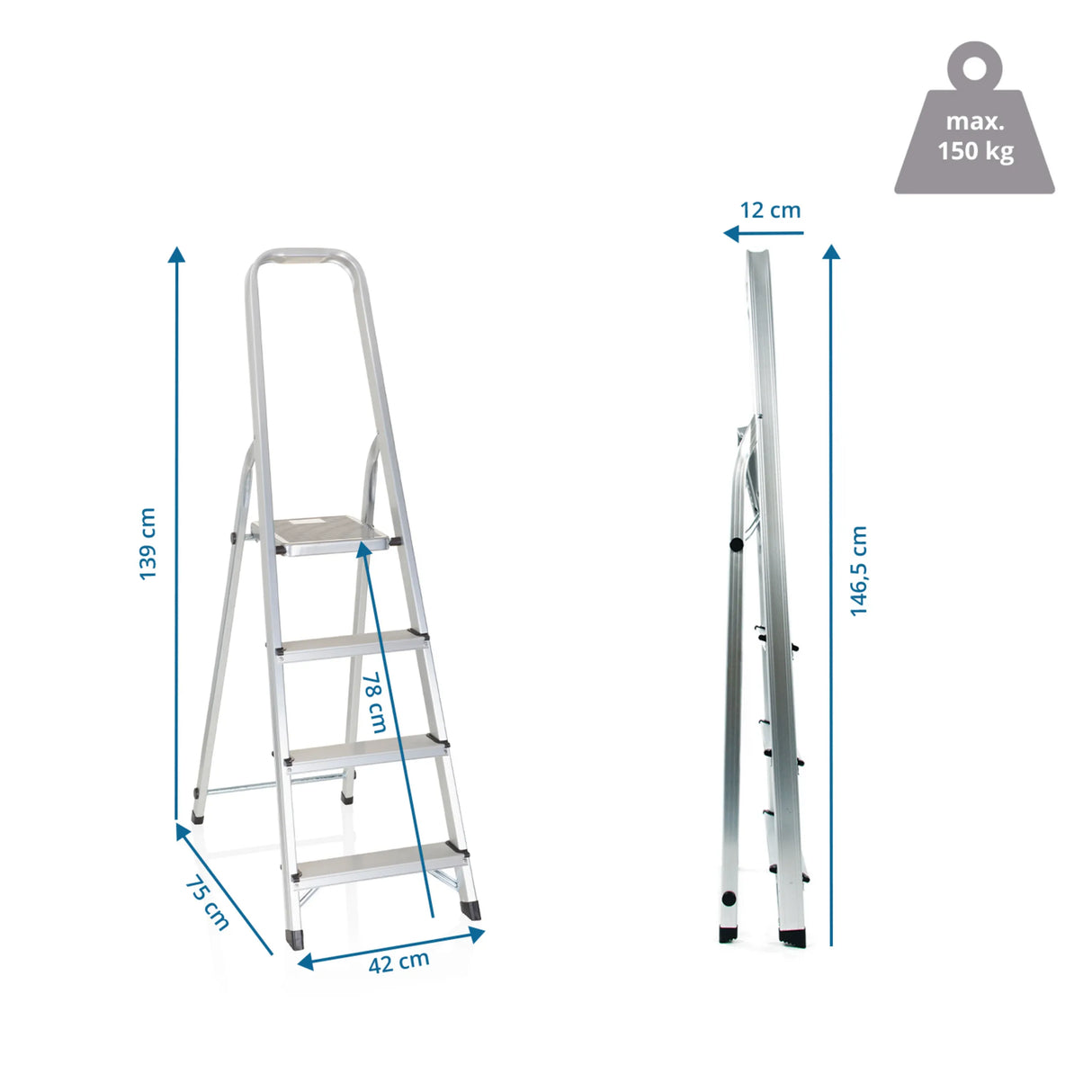 Maßzeichnung der Klappleiter SOLID II mit einer Höhe von 139 cm und einer Belastbarkeit von 150 kg von hjh OFFICE