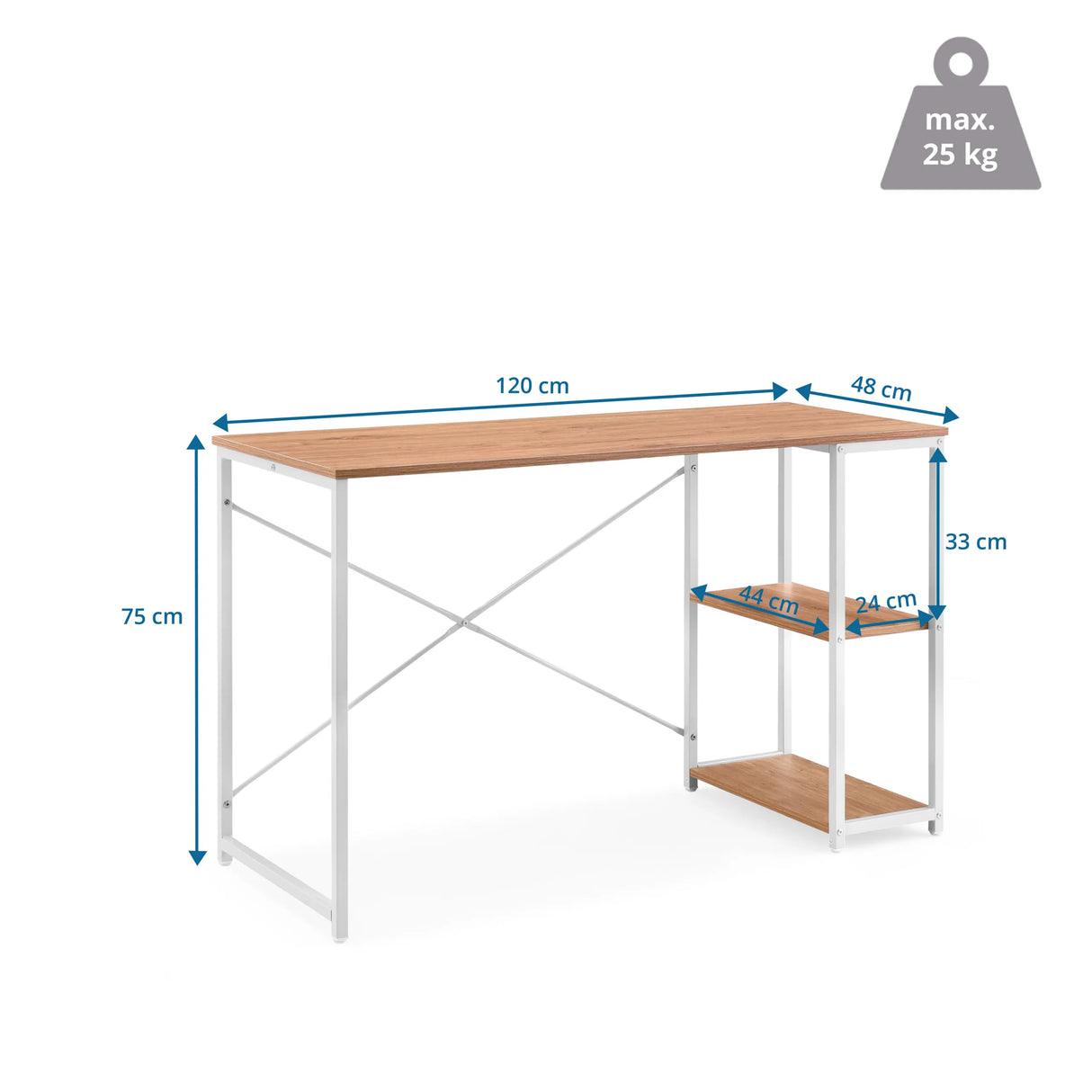 Maßzeichnung des Schreibtischs Easy Up2 mit einer Breite von 120 cm und einer Höhe von 75 cm von hjh LIVING