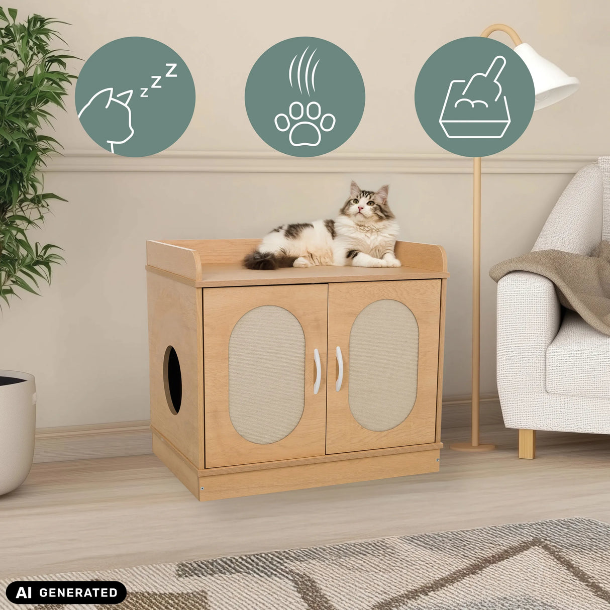 Katzenhaus KITTYHOME 2 in Buche-Optik mit zwei Türen und kreisförmigem Eingang von hjh LIVING (KI-generiertes Bild)
