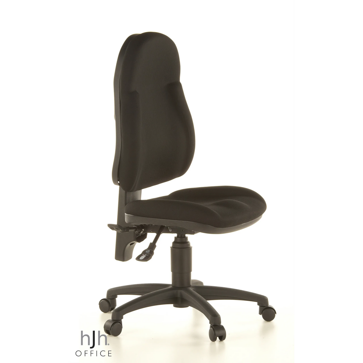 Schwarzer Homeoffice-Bürostuhl WELLPOINT 10 mit Fußkreuz und fünf Rollen von Topstar – 360-Grad-Ansicht (schräge Frontansicht 60°)