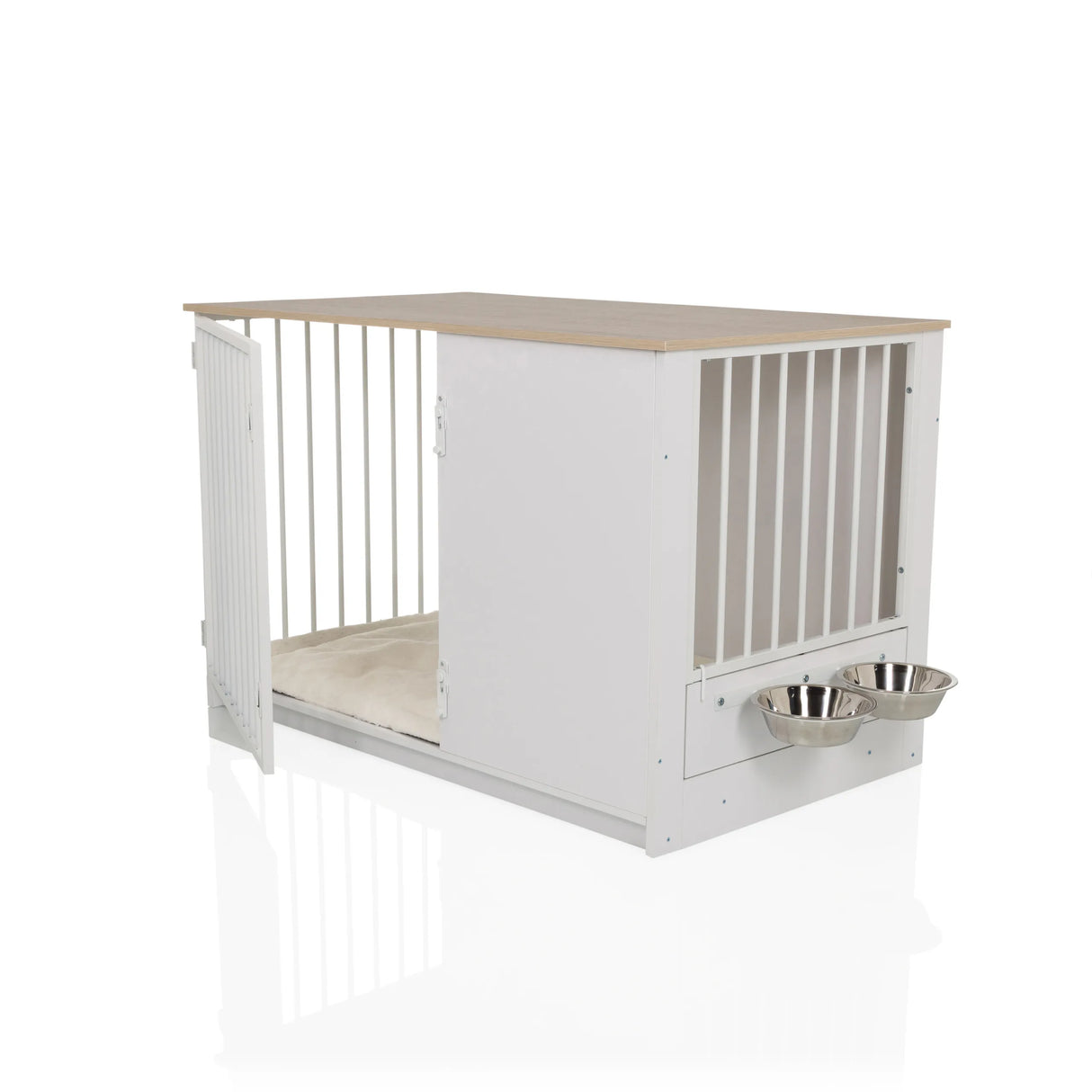 Hundebox PAWHOME XL in Weiß und Eiche mit integrierten Futternäpfen und Gittertür von hjh LIVING