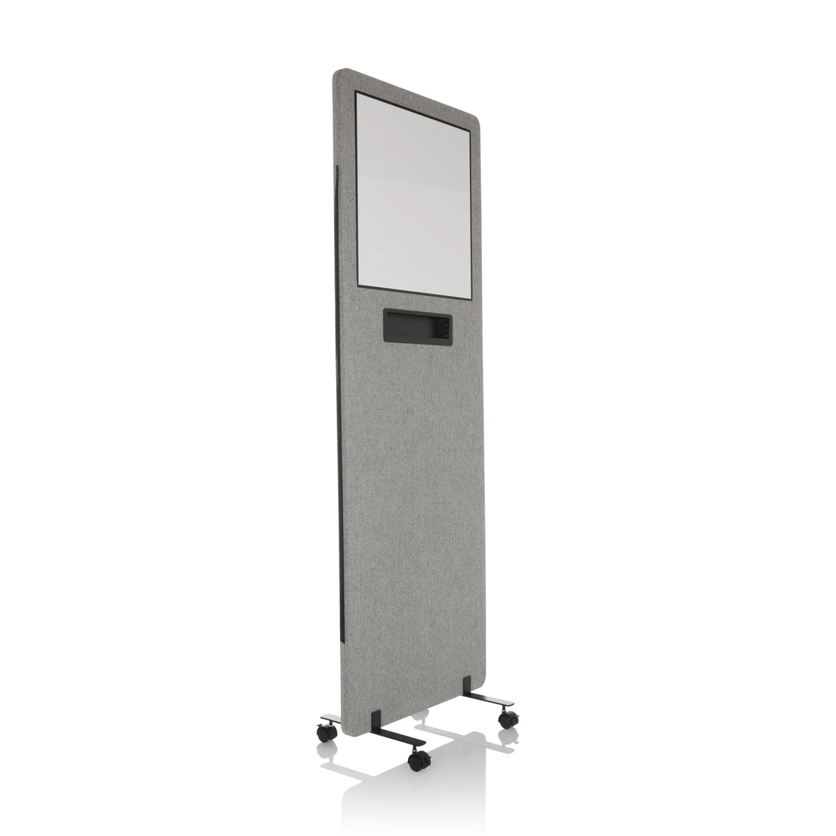 Hellgraue Trennwand FLEXMIUT WB mit integriertem Whiteboard und Rollen von hjh OFFICE – 360-Grad-Ansicht (schräge Frontansicht 45°)