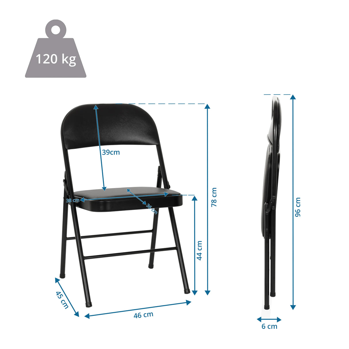 Maßzeichnung des Klappstuhls TUDELA H mit einer Gesamthöhe von 96 cm und 120 kg Traglast von hjh OFFICE