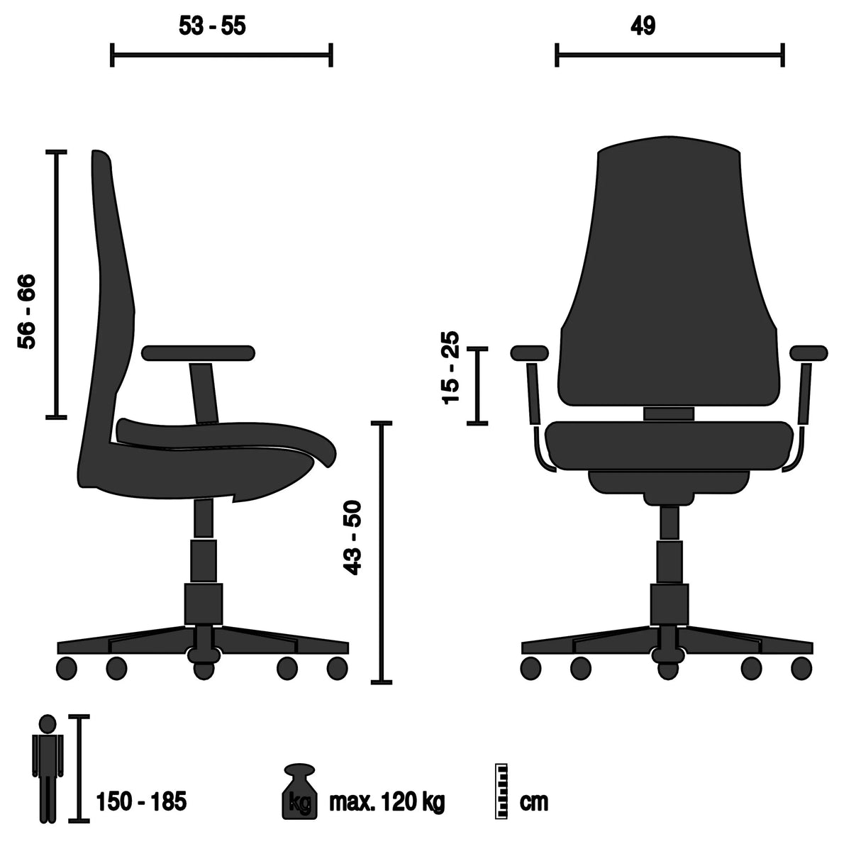 Technische Zeichnung des Profi-Bürostuhls COLORE mit einer maximalen Belastbarkeit von 120 kg von hjh OFFICE