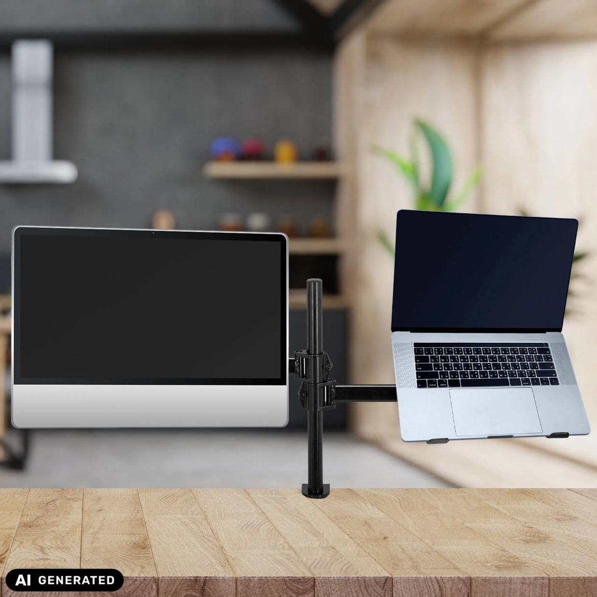 Schwarze Monitorhalterung VM-MH2 mit einem Monitor und einem Laptop auf einem Holztisch von hjh OFFICE (KI-generiertes Bild)