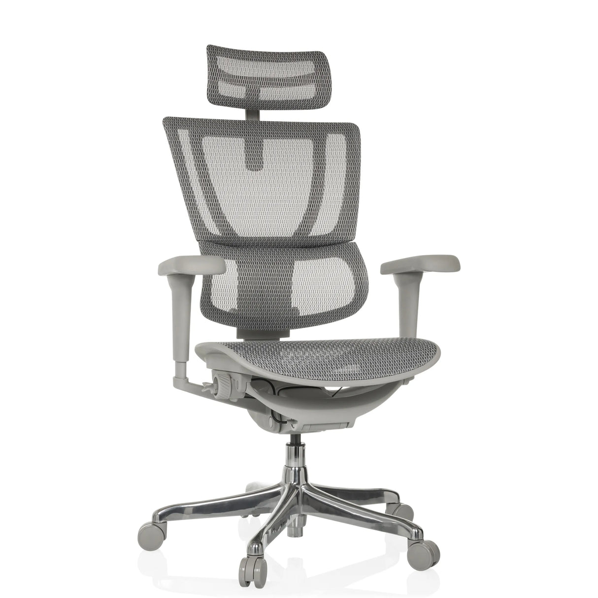 Grauer Luxus-Chefsessel ERGOHUMAN SLIM ULTRA G GEN2 mit Netzrücken und Fußkreuz mit fünf Rollen von hjh OFFICE – 360-Grad-Ansicht (Frontansicht 15°)