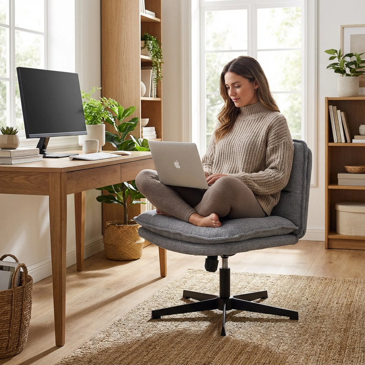 Dunkelgrauer Loungesessel Criss-Cross 20 mit Sternfuß in einem hellen Raum mit Schreibtisch von hjh LIVING