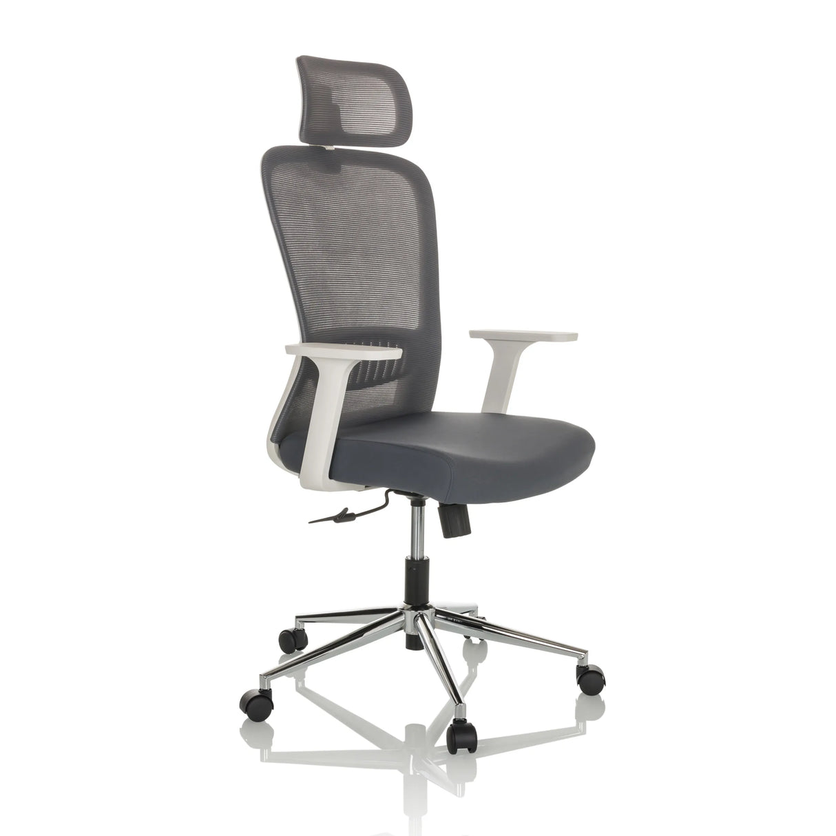 Grauer Homeoffice-Bürostuhl BELAIA W mit Netzrücken, Kopfstütze und Fußkreuz mit fünf Rollen von hjh OFFICE – 360-Grad-Ansicht (schräge Frontansicht 45°)