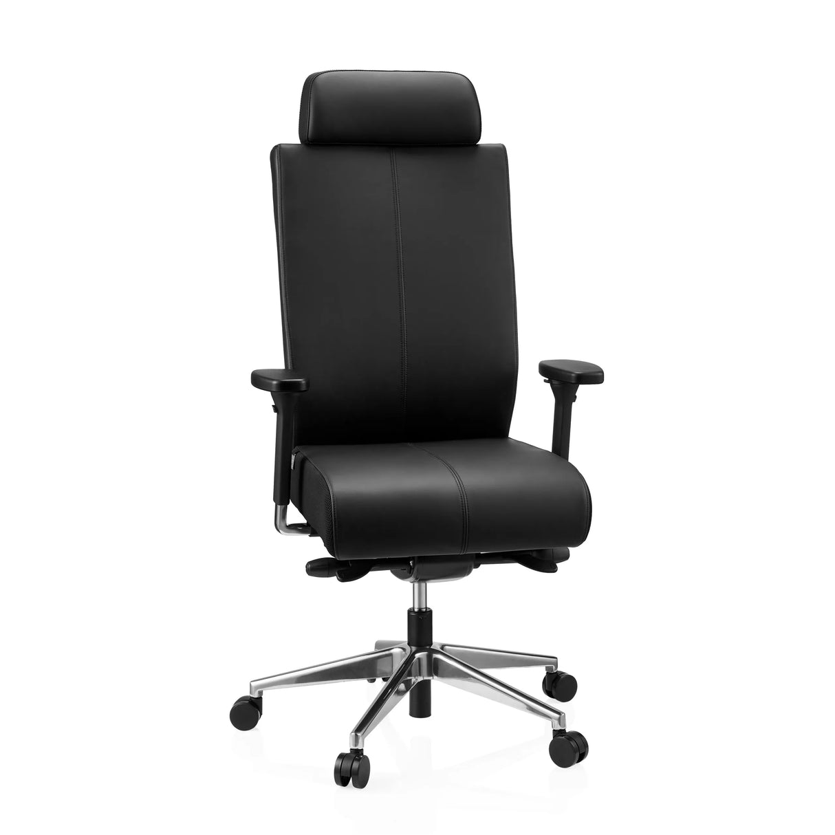 Schwarzer Profi-Bürostuhl PRO-TEC XXL aus Leder mit Kopfstütze und Fußkreuz mit fünf Rollen von hjh OFFICE – 360-Grad-Ansicht (Frontansicht 15°)