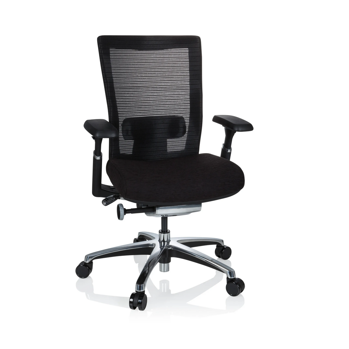 Schwarzer High-End-Bürostuhl NOVA PRO ALU mit Netzrücken und Fußkreuz mit fünf Rollen von hjh OFFICE – 360-Grad-Ansicht (Frontansicht 20°)