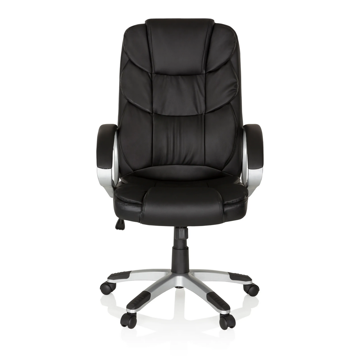 Schwarzer Homeoffice Chefsessel RELAX BY155 mit Armlehnen und Fußkreuz mit fünf Rollen von MyBuero – 360-Grad-Ansicht (Frontansicht 0°)