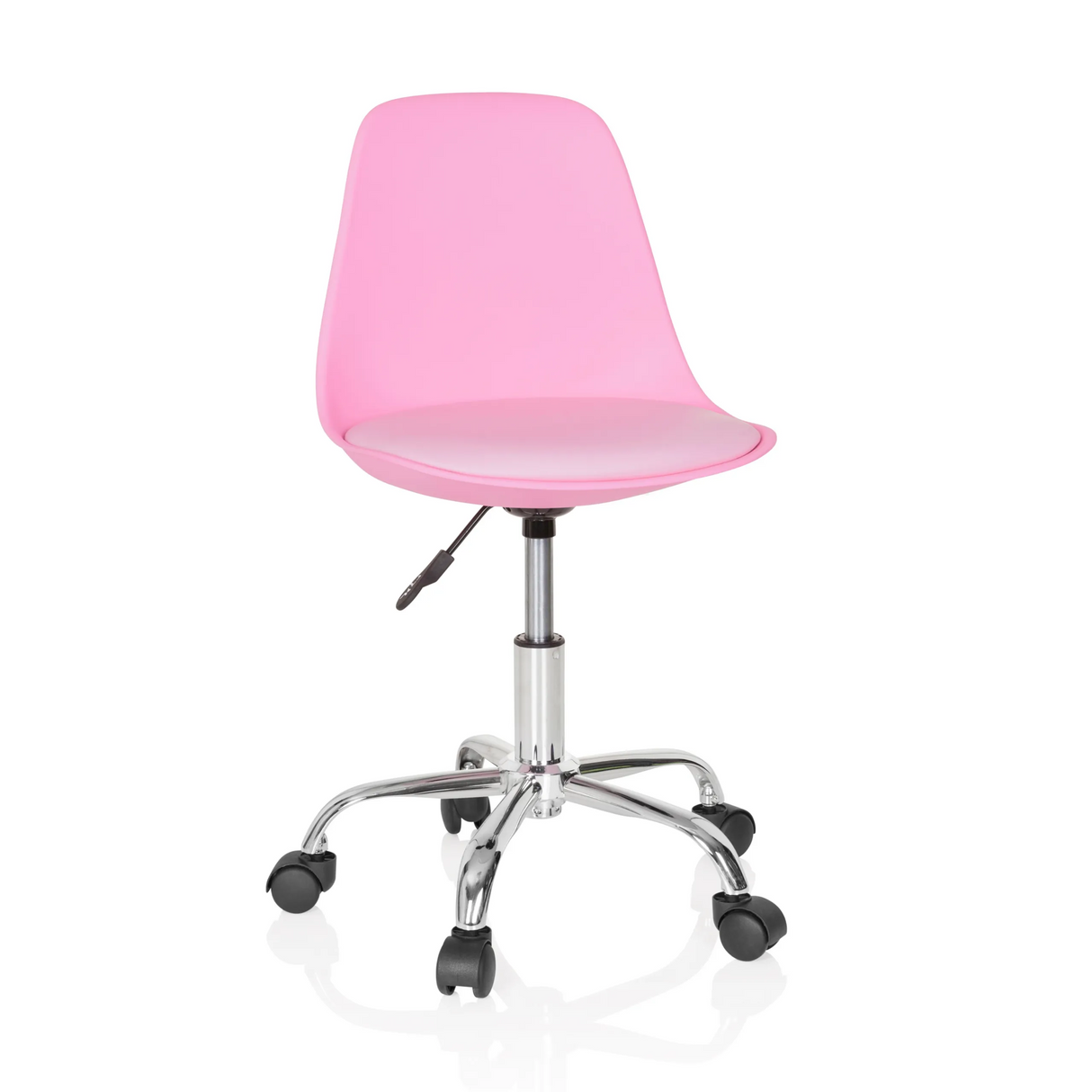 Pinker Kinderdrehstuhl FANCY II mit geschwungener Schale und Fußkreuz mit fünf Rollen von hjh OFFICE – 360-Grad-Ansicht (Frontansicht 20°)