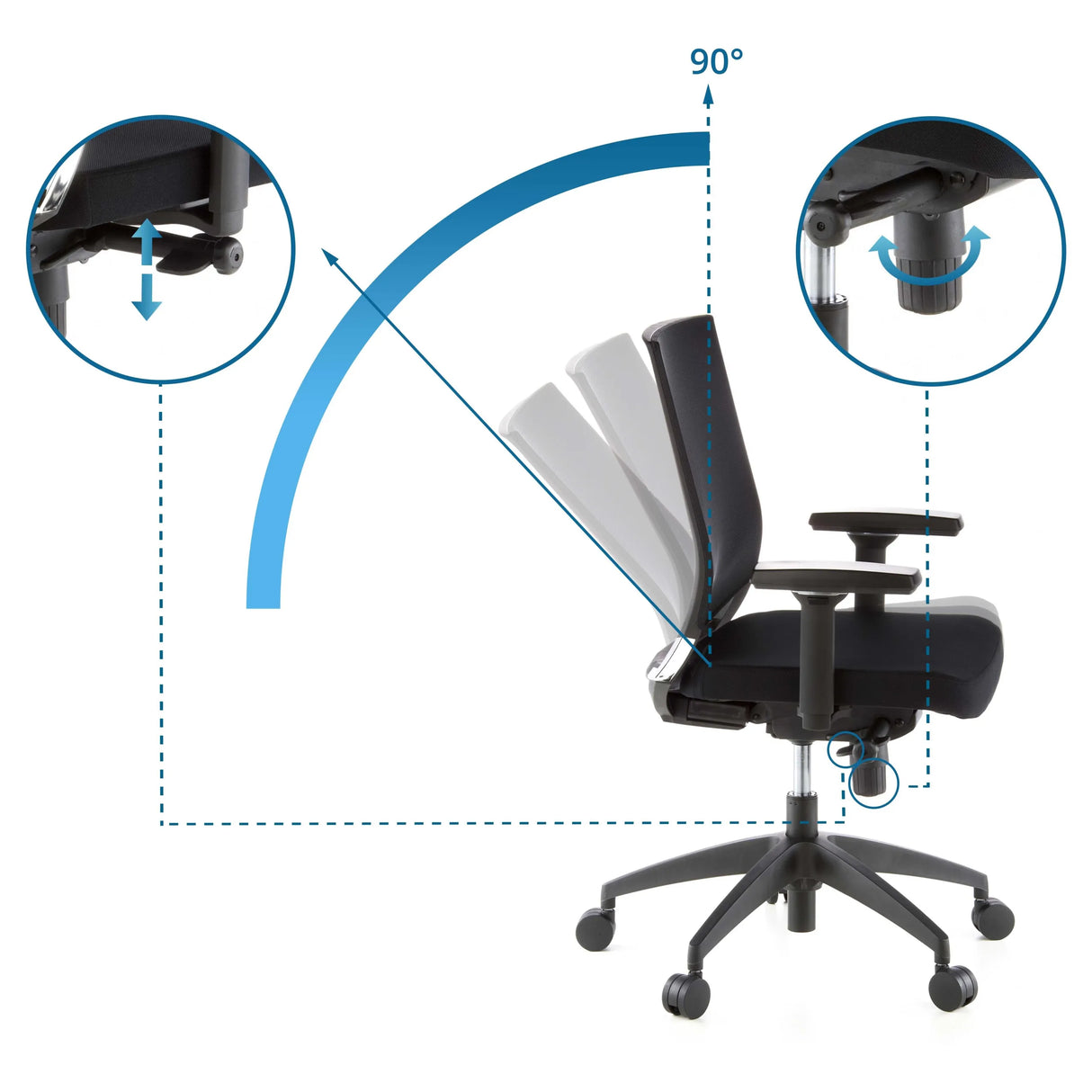Verstellbare Rückenlehne des Profi-Bürostuhls PORTO BASE mit einem Neigungswinkel von 90° von hjh OFFICE