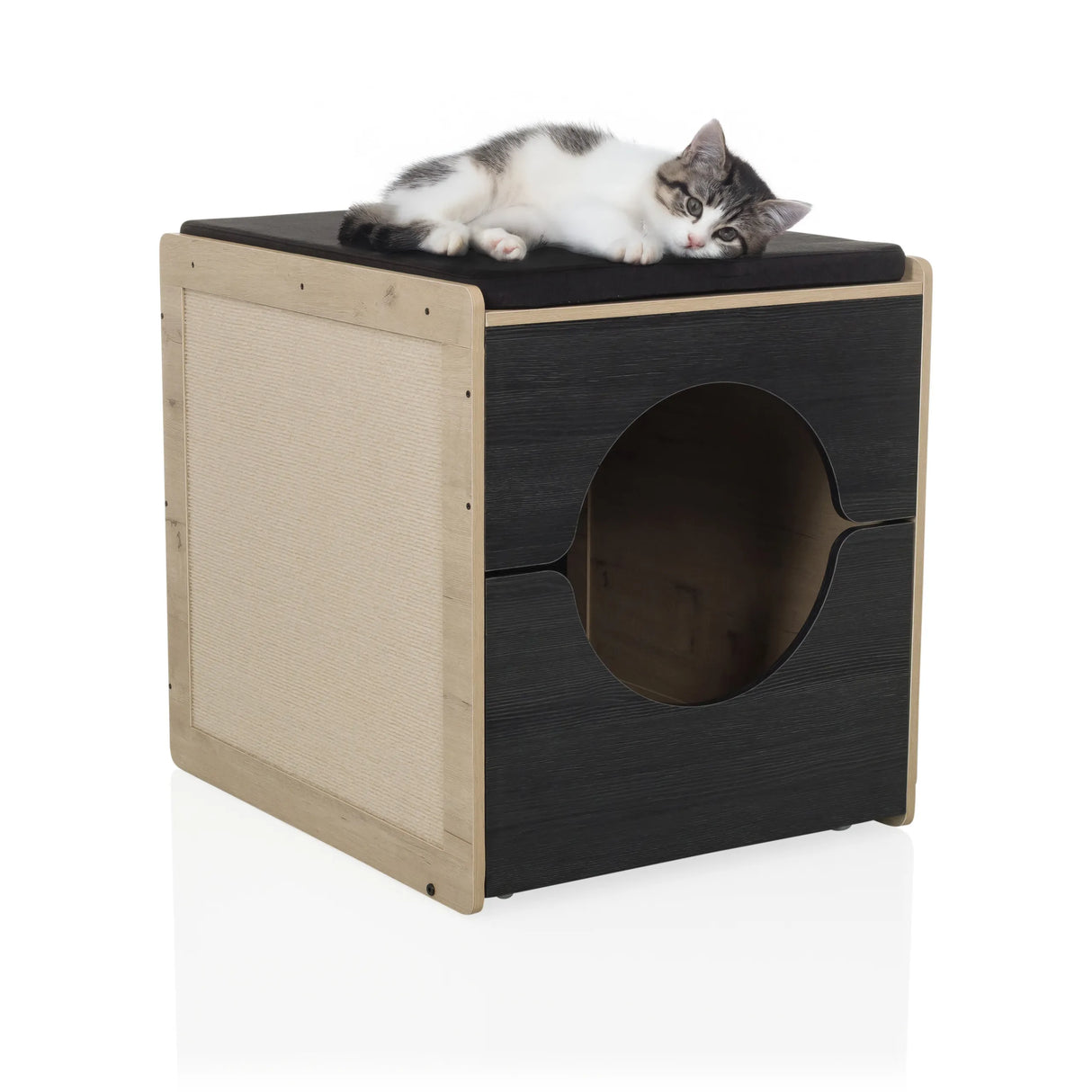 Katzenhaus KITTY PAWBOX 2 in Schwarz und Eiche mit einer liegenden Katze auf dem Dach von hjh LIVING