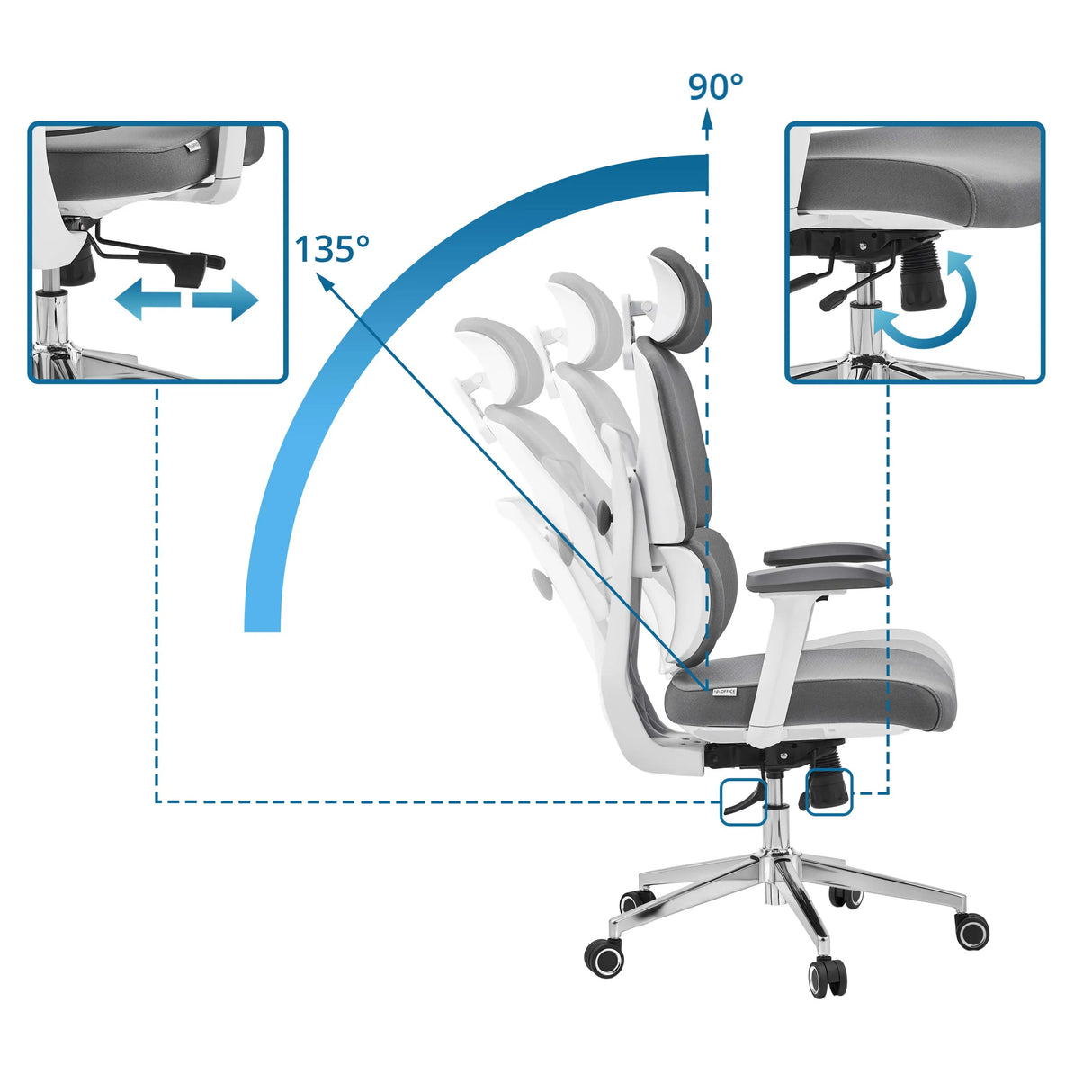 Verstellbare Rückenlehne des Profi-Bürostuhls Ergomy WF 2 mit Neigungswinkel von 90° bis 135° von hjh OFFICE