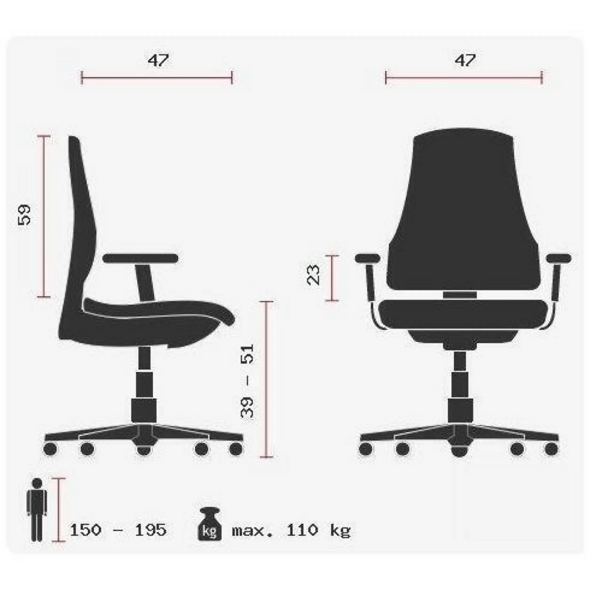 Technische Zeichnung des Profi-Bürostuhls HJH SOLUTION DELUXE AL.U2 mit einer maximalen Belastbarkeit von 110 kg von Topstar