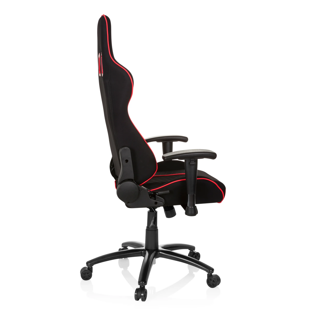 Schwarz-roter Gamingstuhl LEAGUE PRO I mit zwei Kopfstützen-Öffnungen und Fußkreuz mit fünf Rollen von hjh OFFICE – 360-Grad-Ansicht (Seitenprofil 100°)