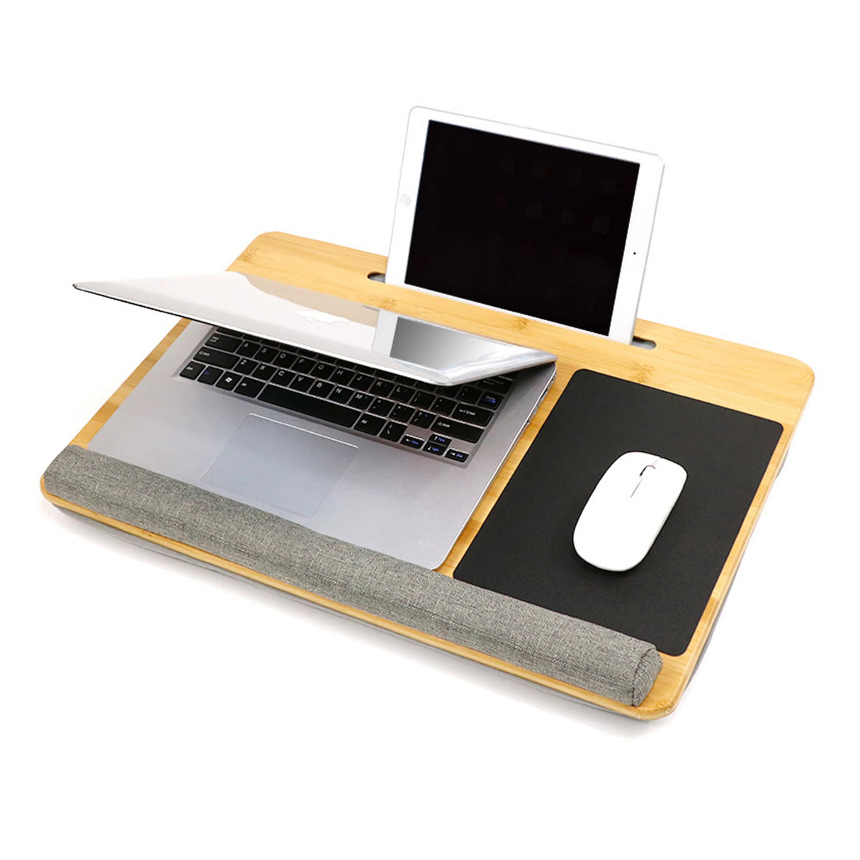 Laptopunterlage COMFILAP aus Bambus mit integrierter Mauspad-Fläche und grauer Handauflage von hjh OFFICE