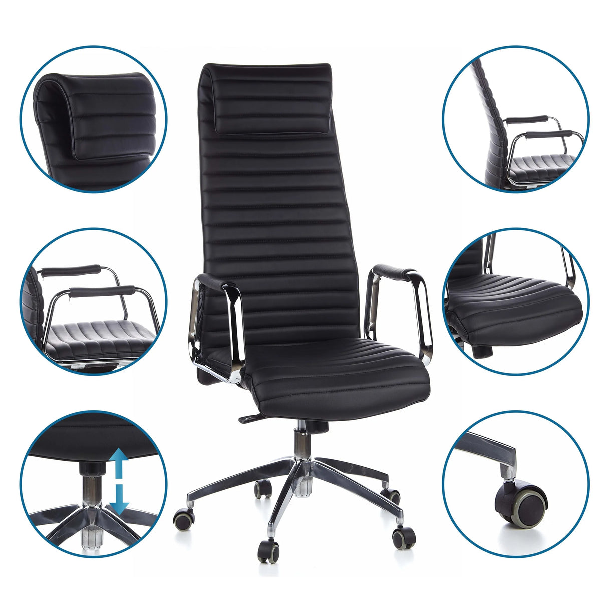 Luxus-Chefsessel ASPERA 20 in Schwarz mit Detailansichten der Polsterung und Rollen von hjh OFFICE