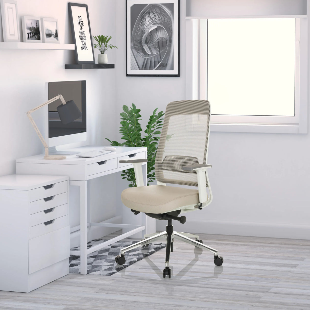Profi-Bürostuhl CHIARO T2 WHITE in Beige und Grau mit Netzrückenlehne und Rollen im Homeoffice von hjh OFFICE