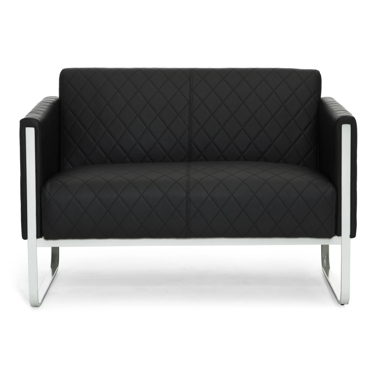 Schwarzes Loungesofa ARUBA STEP als Zweisitzer mit Rautensteppung und Metallgestell von hjh OFFICE – 360-Grad-Ansicht (Frontansicht 0°)