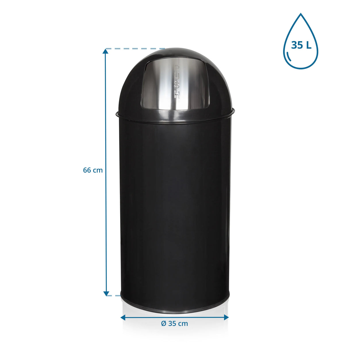 Maßzeichnung des Mülleimers PUSH 35L mit 66 cm Höhe und 35 cm Durchmesser von hjh OFFICE