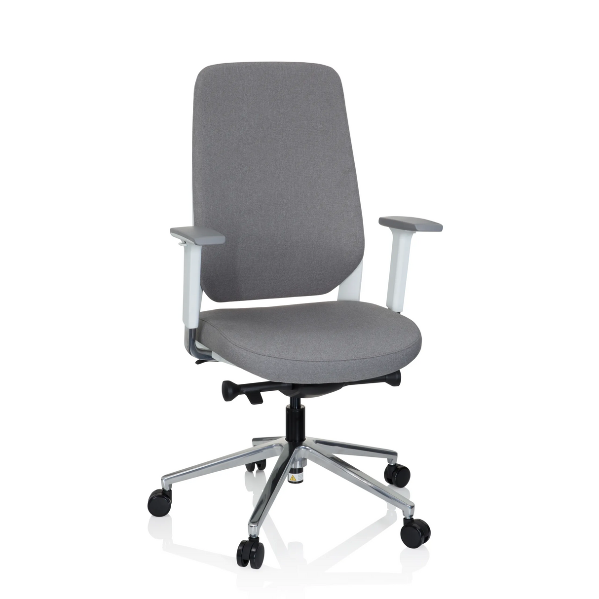 Grauer Profi-Bürostuhl CHIARO T4 WHITE mit Armlehnen und einem Fußkreuz mit fünf Rollen von hjh OFFICE – 360-Grad-Ansicht (Frontansicht 20°)