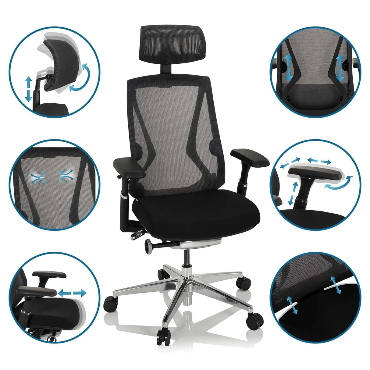 High-End-Bürostuhl INSPERO in Schwarz mit verstellbaren Armlehnen und Kopfstütze von hjh OFFICE