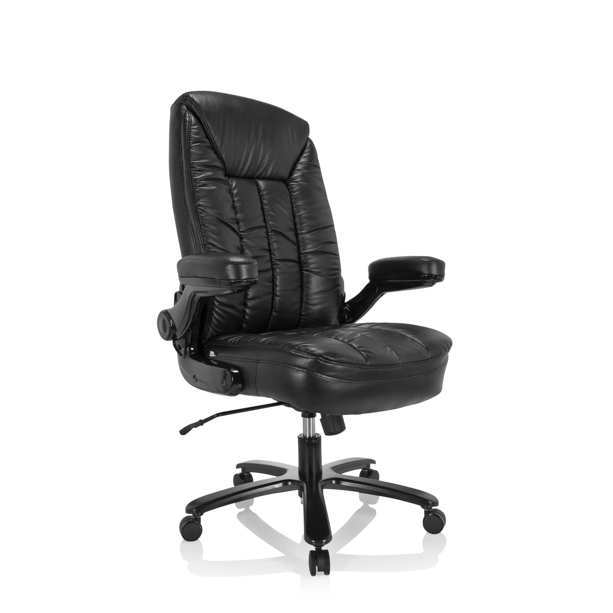 Schwarzer XXL Drehstuhl INSTRUCTOR III aus Kunstleder mit Fußkreuz und fünf Rollen von hjh OFFICE – 360-Grad-Ansicht (schräge Frontansicht 40°)