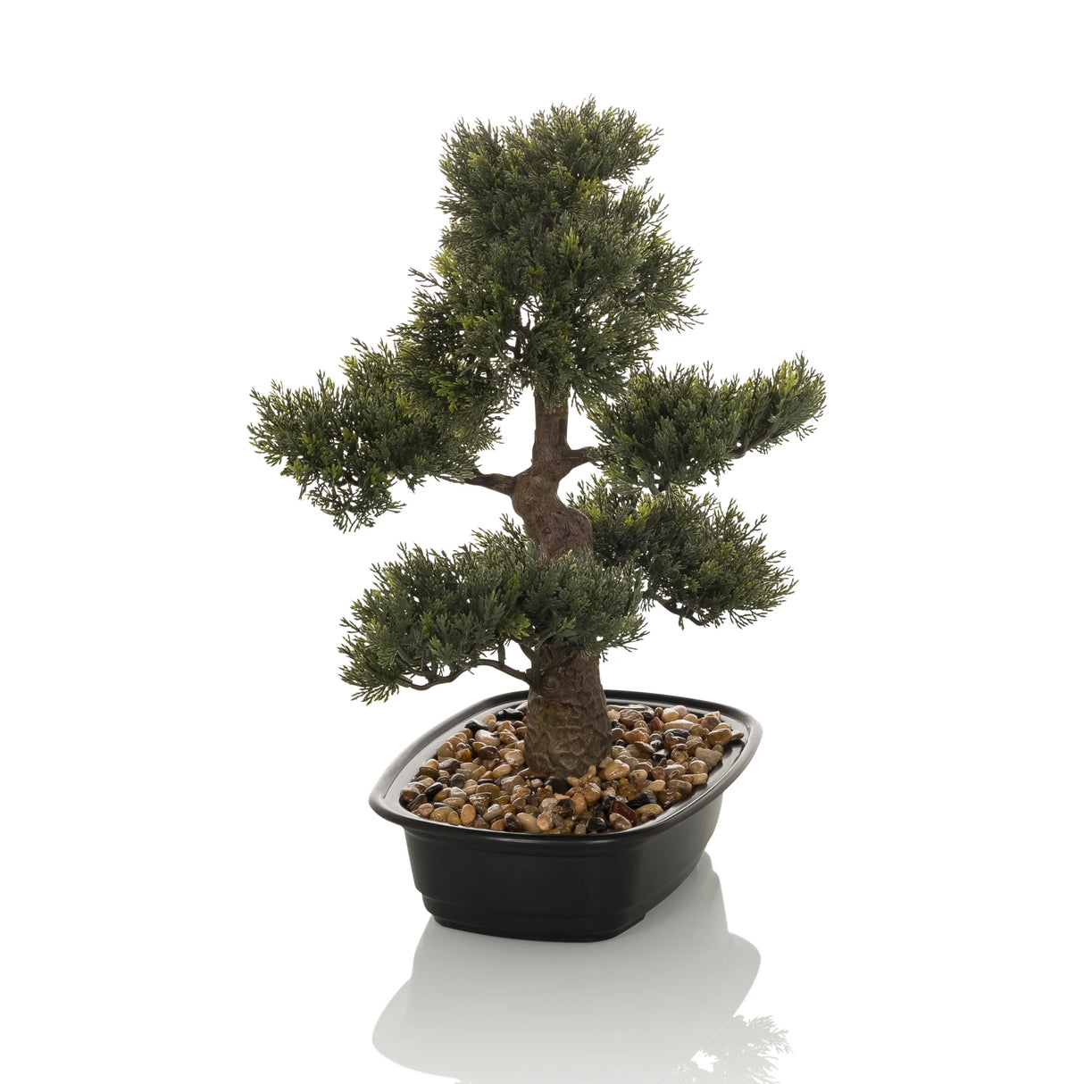 Grüne Kunstpflanze BONSAI in Form eines Bonsais in einem schwarzen Topf mit Kieselsteinen von hjh OFFICE – 360-Grad-Ansicht (Rückenansicht 180°)
