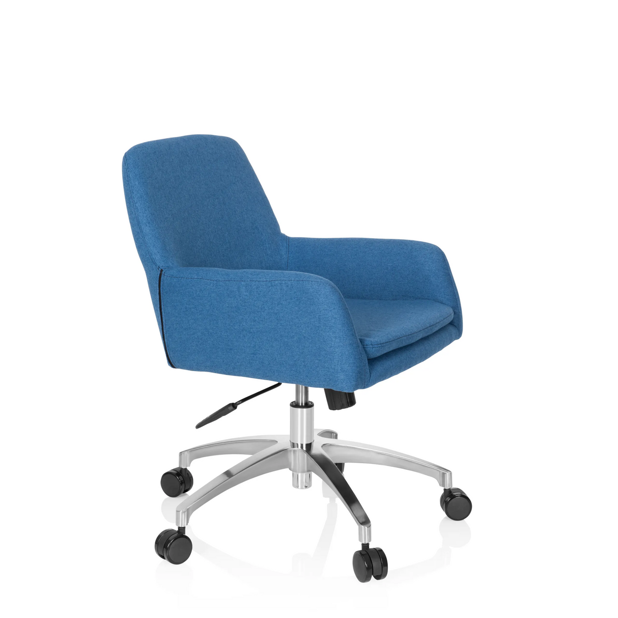 Blauer Homeoffice-Bürostuhl SHAKE 400 mit Armlehnen und Fußkreuz mit fünf Rollen von hjh OFFICE – 360-Grad-Ansicht (schräge Frontansicht 60°)