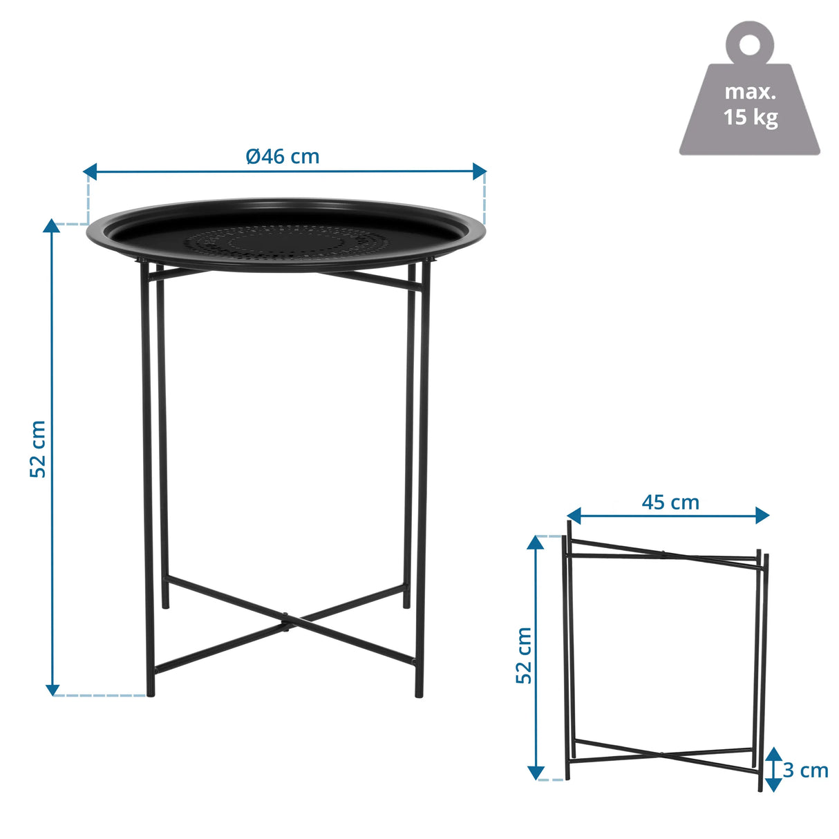 Technische Zeichnung des Beistelltischs ALLRUND mit 46 cm Durchmesser und 52 cm Höhe von hjh LIVING