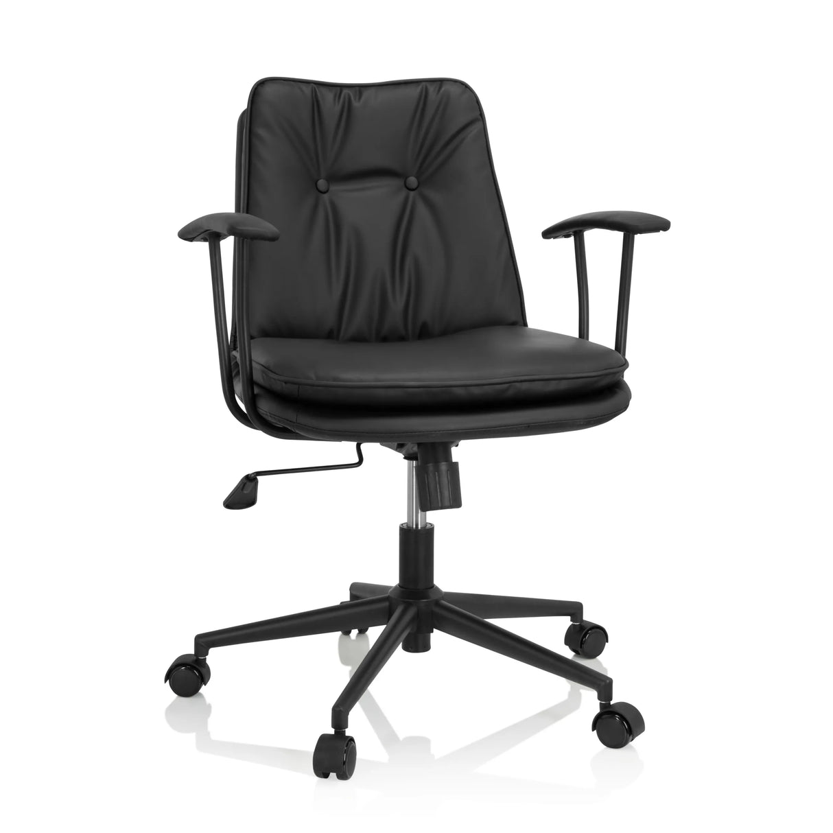 Schwarzer Homeoffice-Bürostuhl SMALLO mit Polsterung und Fußkreuz mit fünf Rollen von hjh OFFICE – 360-Grad-Ansicht (Frontansicht 20°)