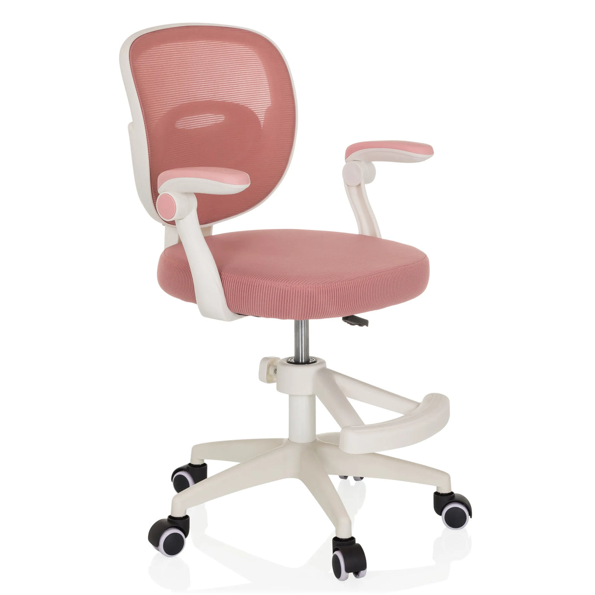 Rosa Kinderdrehstuhl KIDDY SMART mit Netzrücken und Fußkreuz mit fünf Rollen von hjh OFFICE – 360-Grad-Ansicht (schräge Frontansicht 45°)