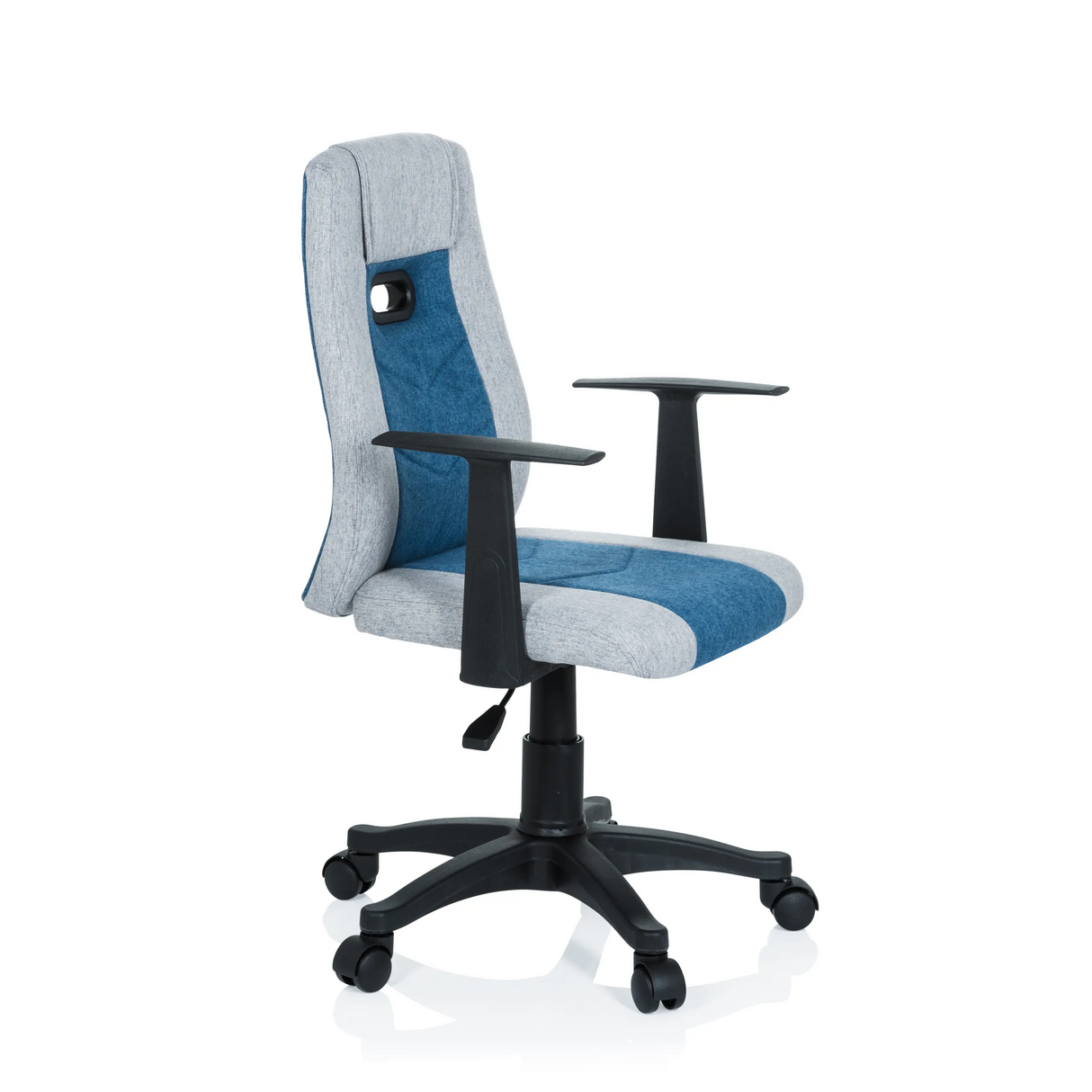 Grau-blauer Kinderdrehstuhl KIDDY EXTRA mit Armlehnen und Fußkreuz mit fünf Rollen von hjh OFFICE – 360-Grad-Ansicht (schräge Frontansicht 60°)