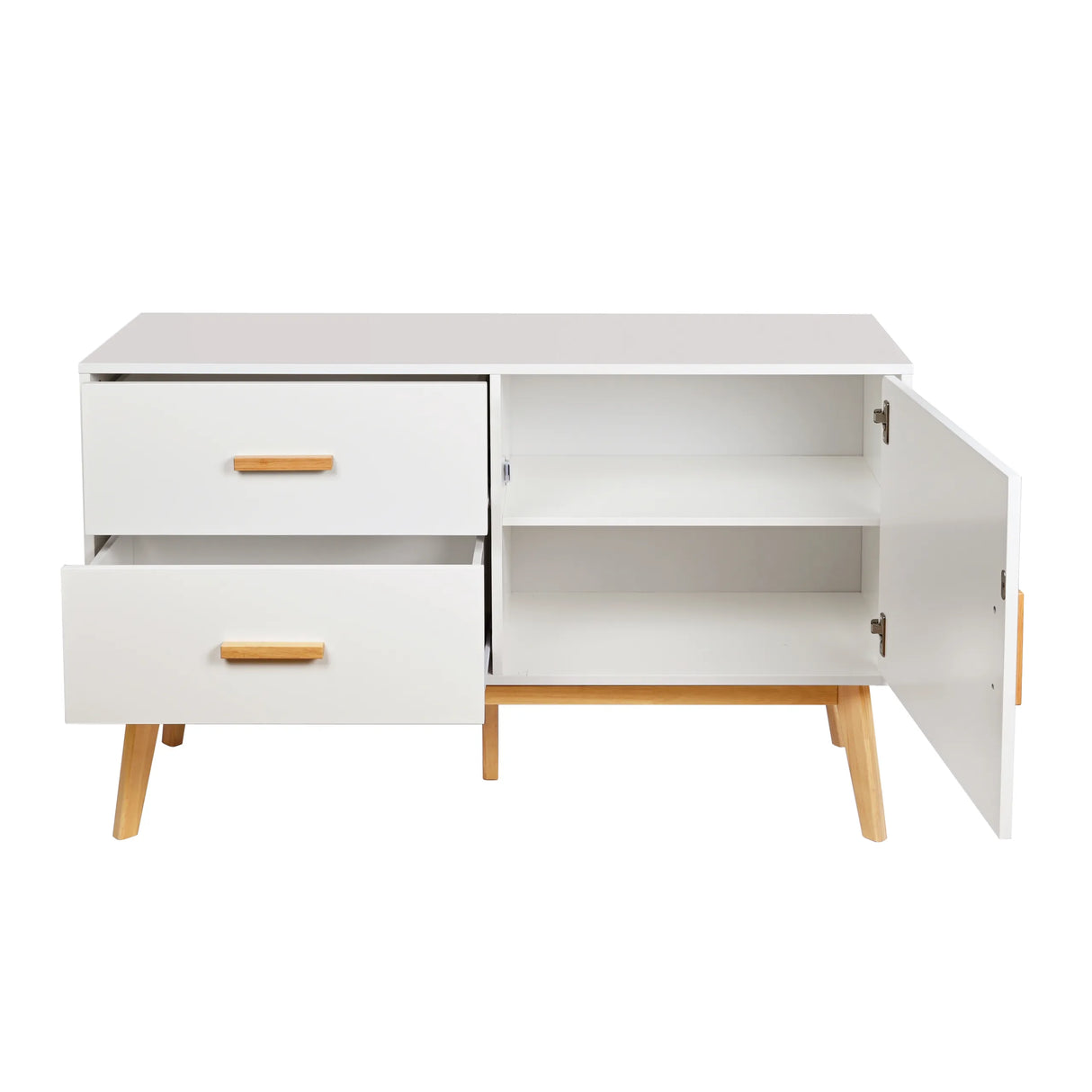 Weißes Sideboard TAROLO mit zwei Schubladen, einem Fach mit offener Tür und Holzbeinen von hjh LIVING
