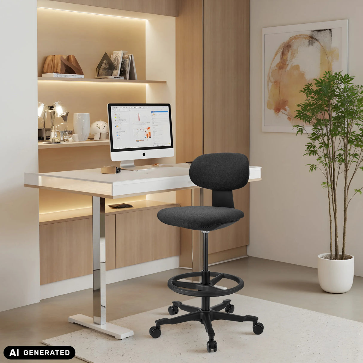 Schwarzer Arbeitsstuhl WORK MF2 mit Fußring und Rollen vor einem weißen Schreibtisch von hjh OFFICE (KI-generiertes Bild)
