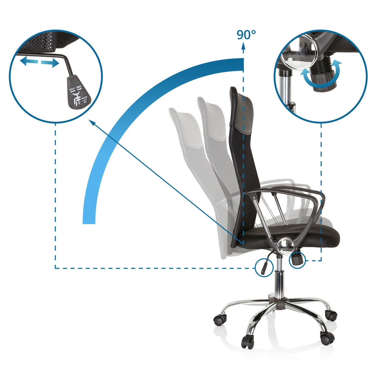 Verstellmechanismen und 90 Grad Neigung des Homeoffice Chefsessels PURE NET von hjh OFFICE