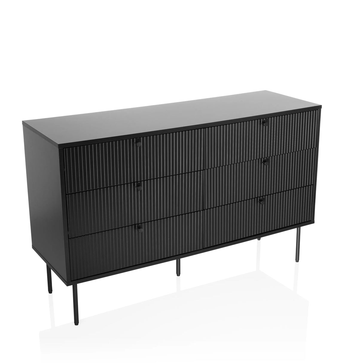Schwarzes Sideboard KARBY S mit vertikal gerillten Fronten und sechs Knaufgriffen von hjh LIVING – 360-Grad-Ansicht (Frontansicht 15°)