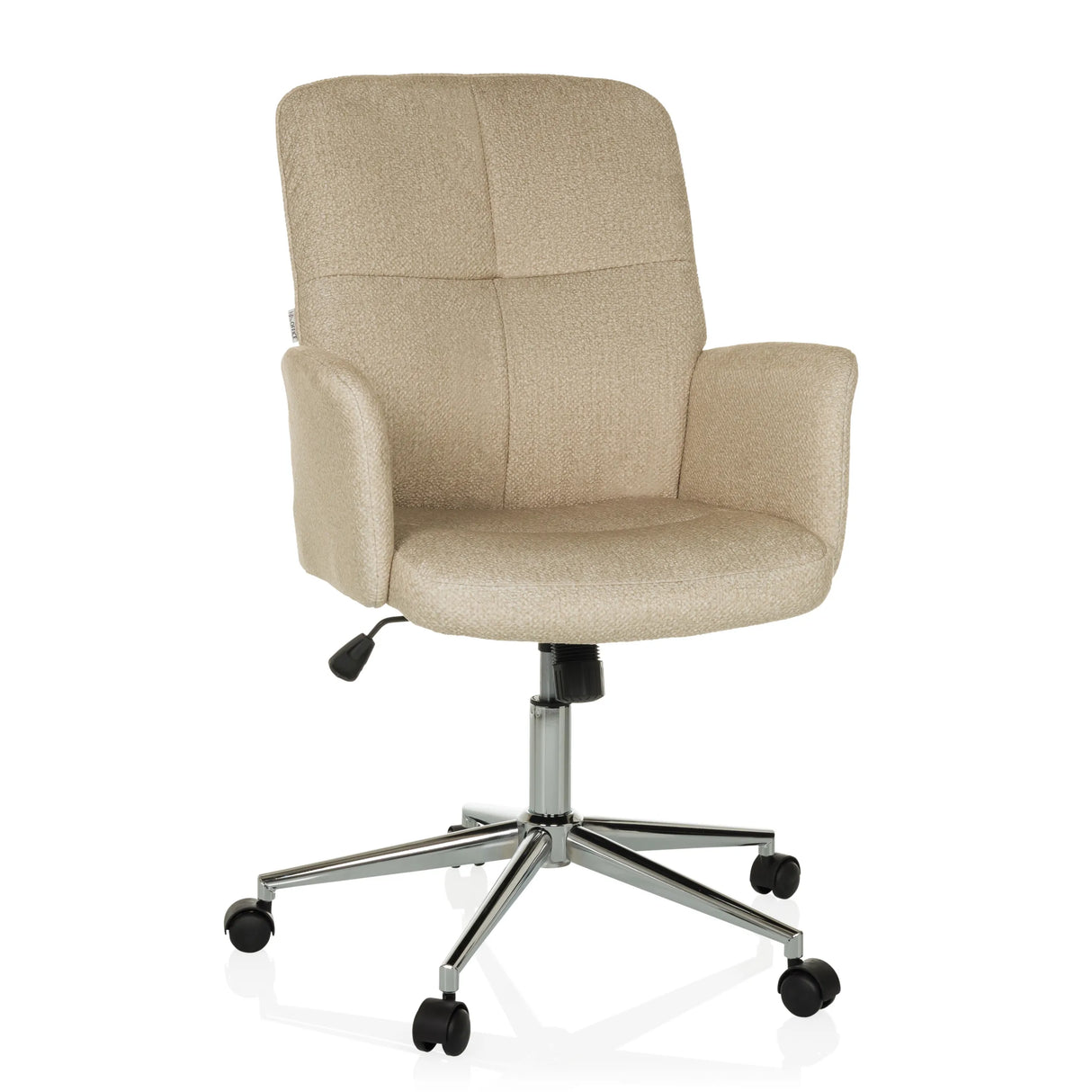 Beiger Homeoffice-Bürostuhl SOLAO 400 mit gepolsterten Armlehnen und Fußkreuz mit fünf Rollen von hjh OFFICE – 360-Grad-Ansicht (Frontansicht 15°)